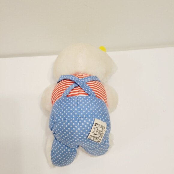 Plush White Cow Toy With Yellow Horns Blue Polka Dotted Overalls & Red Striped - Picture 3 of 4